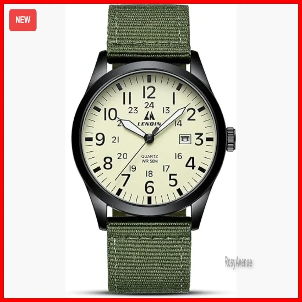 Men's Military Analog Watch, Nylon Strap, Waterproof, Luminous Dial, 42mm